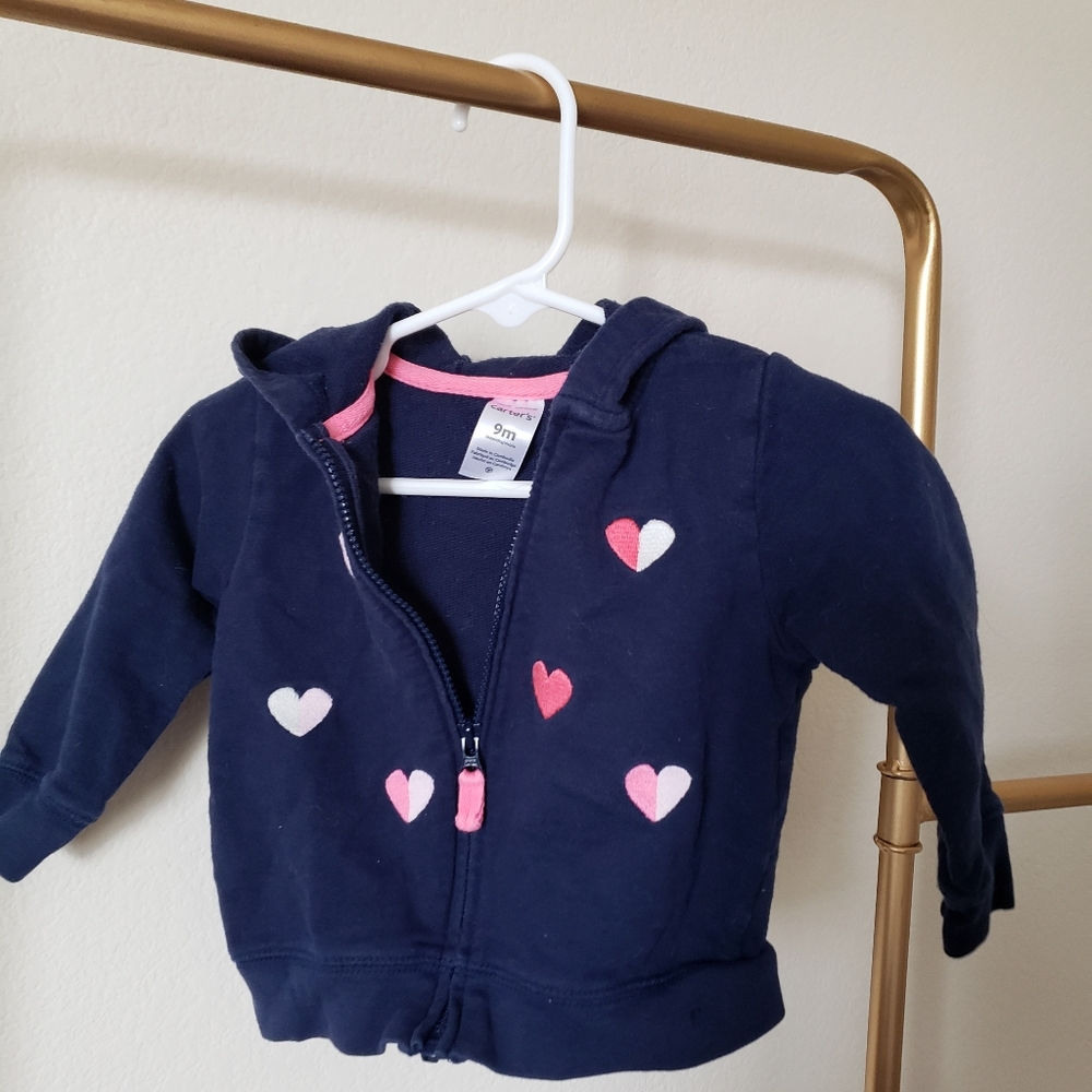 3/$20 Carter's Girl's Blue Zip Up with Hearts 9M